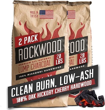 Rockwood Natural Lump Charcoal – Hardwood Lump Charcoal Blend of Oak, Hickory & Cherry for Clean Burn, High-Heat Grilling & Smoky Flavor Barbecue – Ideal for Kettle & Kamado Grills – 20lbs (2 Packs)
